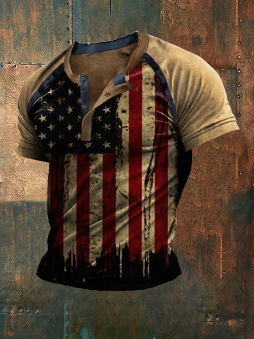 Men'S Vintage American Flag Print Casual T-Shrit