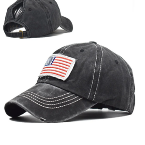 Distressed Denim Independence Day Flag Print Ponytail Ripped Cap