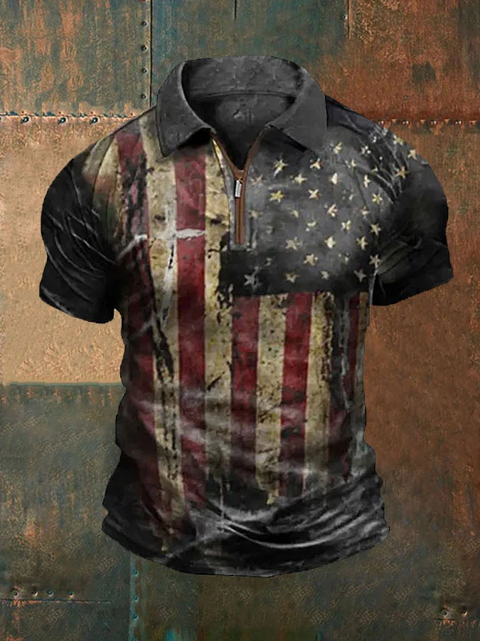 Men's Vintage American Flag Print Zip Lapel T-Shirt