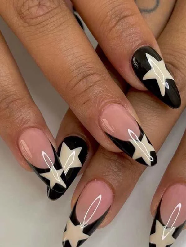 Transform Your Nails with 24pcs Medium Almond Black French Star Pattern Fake Nail & 1sheet Tape & 1pc Nail File