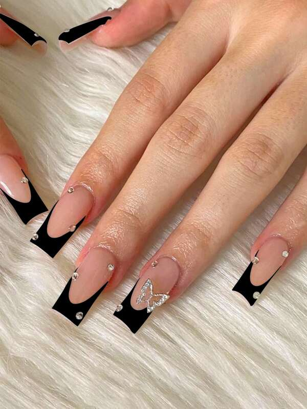 Elevate Your Style With 24pcs Long Coffin Butterfly Decor Full Cover Fake Nail Kit