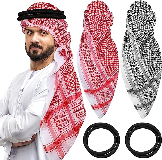 Funtery 4 Pcs Arab Head Scarf for Men with Lgal Aqel Rope Middle East Desert Shemagh Wrap Arab Costume