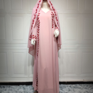 AB216 Middle East fashion street summer chiffon long Muslim embroidered pink round neck dress with hijab