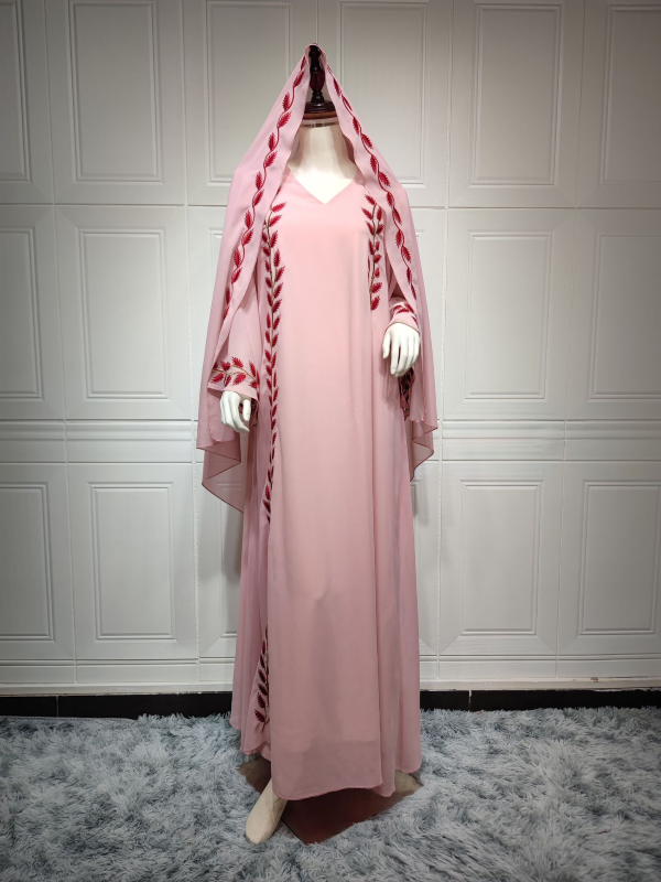 AB216 Middle East fashion street summer chiffon long Muslim embroidered pink round neck dress with hijab