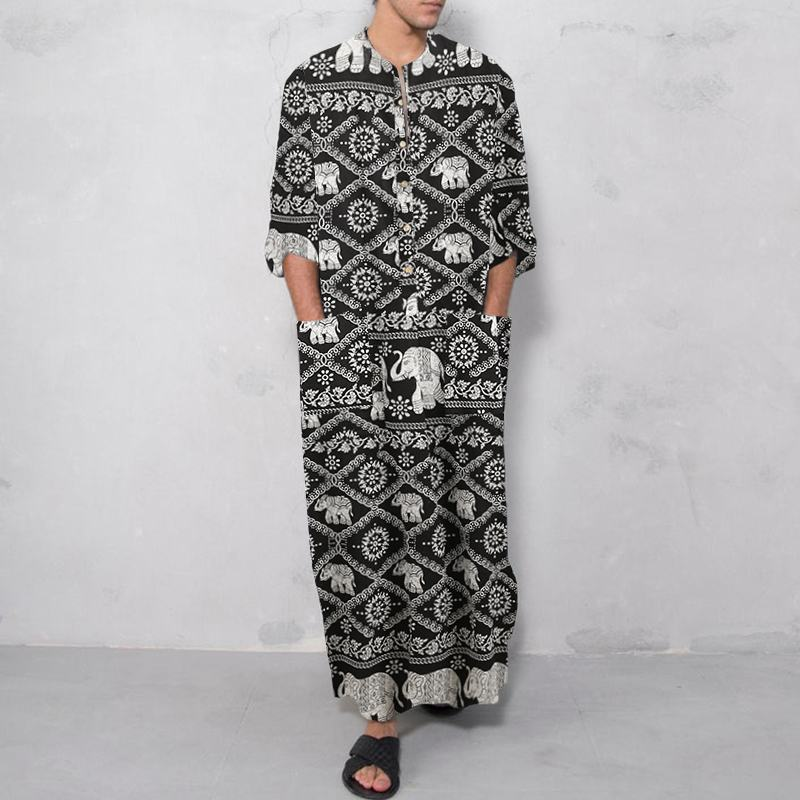 Foreign trade spring and summer new Middle East clothing long-sleeved one-piece Arabian men's striped print Muslim men's robe