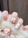 Transform Your Nails with 24pcs Short Square Cartoon Pink Gradient Flower Rabbit Pattern 3D Bow Decor Fake Nail & 1pc Nail File & 1sheet Tape