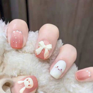 Transform Your Nails with 24pcs Short Square Cartoon Pink Gradient Flower Rabbit Pattern 3D Bow Decor Fake Nail & 1pc Nail File & 1sheet Tape