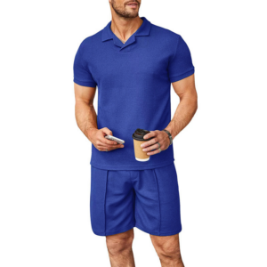 Summer waffle V-neck polo lapel shirt short-sleeved shorts men’s sports casual fashion suit