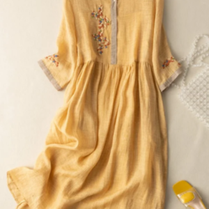 Cotton and linen ethnic style embroidered dress