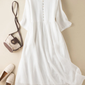 Women’s Literary Retro V-neck Solid Color Mid-sleeved Dress