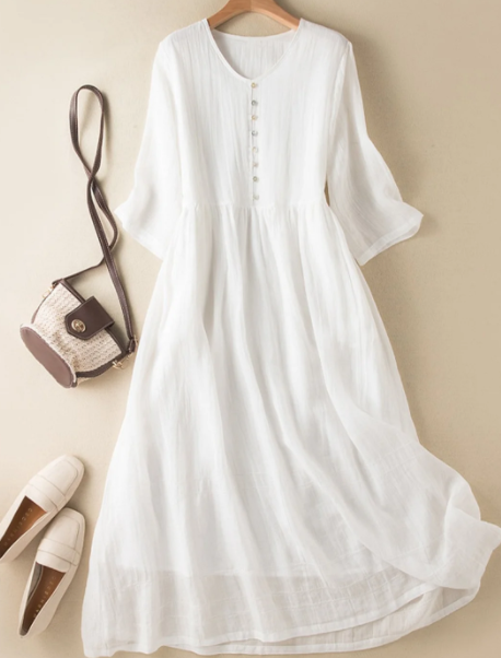 Women's Literary Retro V-neck Solid Color Mid-sleeved Dress