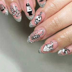 24pcs Medium-long Fun And Quirky Skull, Snake, Scorpion Patterned Glitter Almond False Nails + 1pc Jelly Glue + 1pc Nail Buffer