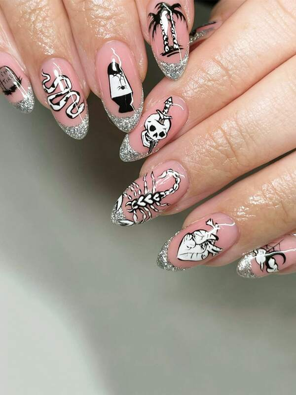 24pcs Medium-long Fun And Quirky Skull, Snake, Scorpion Patterned Glitter Almond False Nails + 1pc Jelly Glue + 1pc Nail Buffer