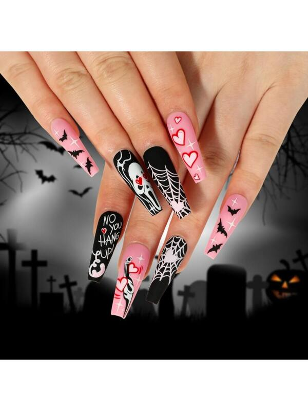 24pcs/set Halloween Themed False Nails With Heart, Spiderweb, Bat, Ghost Patterns