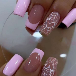 Halloween Nails 24pcs Short Square False Nails Set With Purple Heart & Spider Web Pattern, Includes 1pc Jelly Glue And 1pc Nail File