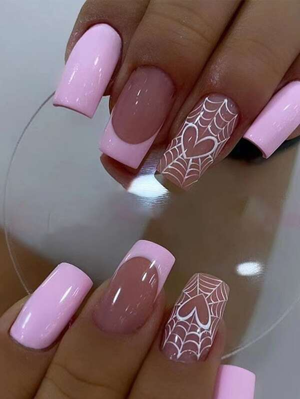 Halloween Nails 24pcs Short Square False Nails Set With Purple Heart & Spider Web Pattern, Includes 1pc Jelly Glue And 1pc Nail File