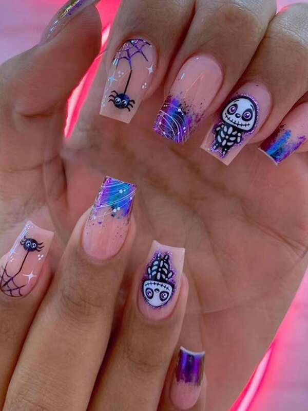 24pcs Short Square False Nails With Purple Skull & Spider Design + 1pc Jelly Glue And 1pc Nail File