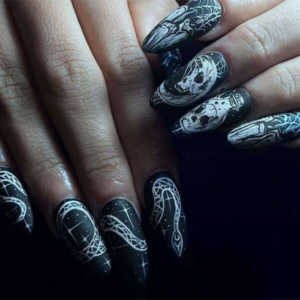 Halloween 24pcs Long Almond Shaped Snake & Skull Printed Glossy False Nail Tips + 1pc Jelly Gel + 1pc Nail File
