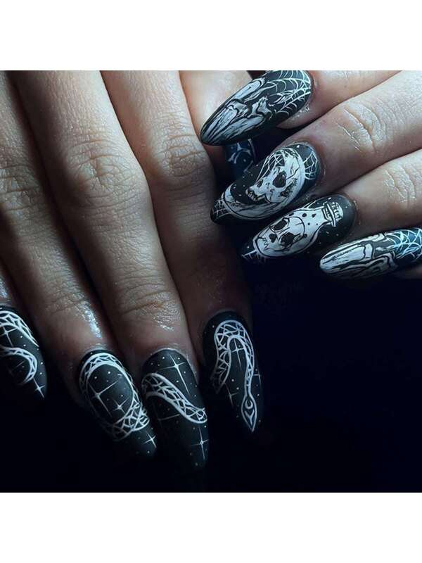 Halloween 24pcs Long Almond Shaped Snake & Skull Printed Glossy False Nail Tips + 1pc Jelly Gel + 1pc Nail File