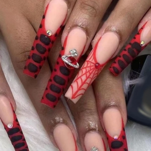 Halloween 24pcs Long Square Red Matte Rhinestone 3D Saturn Decor Cobweb Pattern Fake Nail & 1sheet Tape & 1pc Nail File