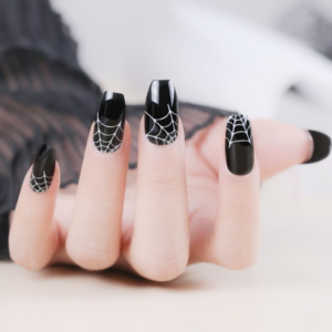 Halloween Themed 28pcs short coffin nails with black and white cobweb design UV /glossy finish , reusable full cover nails in 10 Sizes – Nail Kit with