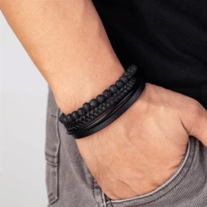 Natural Stone Obsidian Magnetic Buckle Men’s Leather Bracelet