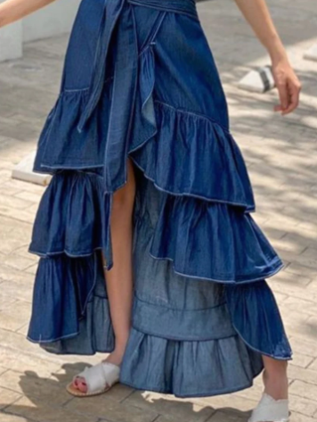 UR Fashion Plain Knot Waist Flounce Layered Hem Denim Skirt