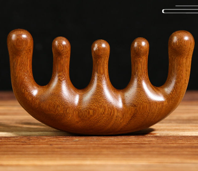 Natural golden sandalwood comb five teeth meridian comb head massage comb solid wood head therapy large teeth wooden comb dial tendon scraping