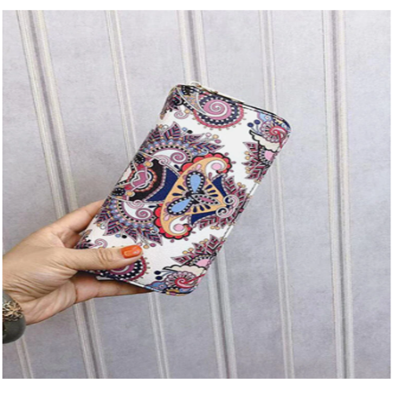 Women Ethnic Print 6.5 Inch Phone Bag Money Clip Wallet Purse