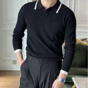Simple Lapel Contrast Knit Polo Shirt
