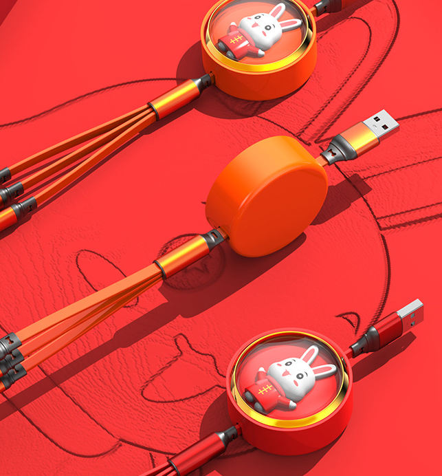 Joy Rabbit 3-in-1 data cable 66W super fast charge one drag three retractable charging cable