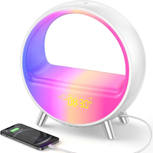 Analog sunset wake-up light colorful ambient light desktop bluetooth speaker bedside smart alarm clock 15W wireless charging