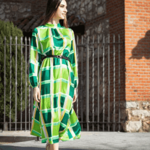 Long-sleeved dress with color printing European and American women’s MIDI skirt Bohemian vacation with umbrella skirt