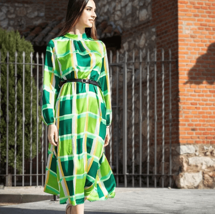 Long-sleeved dress with color printing European and American women's MIDI skirt Bohemian vacation with umbrella skirt