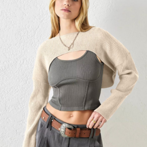 Autumn and winter new knitwear cross-border women’s T-shirt solid color short top long sleeve vest