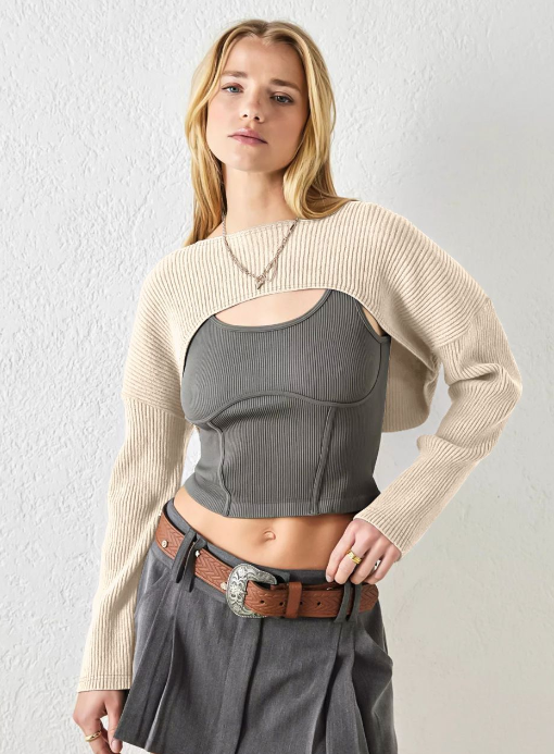 Autumn and winter new knitwear cross-border women's T-shirt solid color short top long sleeve vest