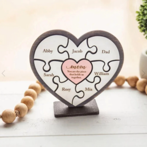 Mom You Are The Piece That Holds Us Together – Personalized Heart Puzzle Wood Sign