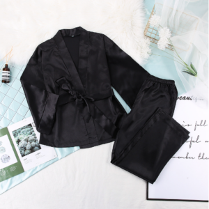 Spring and Summer Europe and the United States satin sateen cardigan belted robe pajama pants solid color home suit loose women’s pajamas