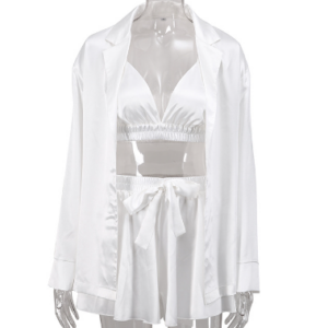 Summer Europe and the United States sexy pajamas three-piece set of silk long-sleeved bathrobe cross-border satin underwear ladies home wear