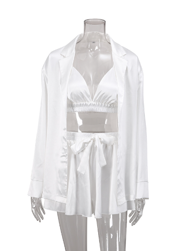 Summer Europe and the United States sexy pajamas three-piece set of silk long-sleeved bathrobe cross-border satin underwear ladies home wear