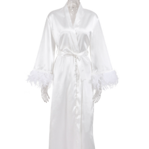 Summer pajamas female cardigan feather satin robe loose cross-border long section of Europe and the United States bathrobe ladies home wear