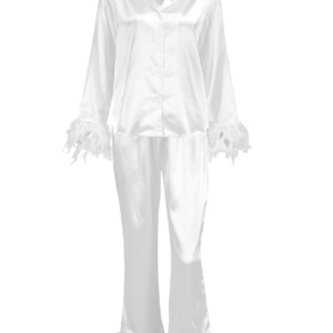 Summer Europe and the United States ice silk pajamas fashion ostrich hair shirt long pants loose two-piece feather home wear female