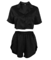 Spring and summer in Europe and the United States new short-sleeved shorts ice silk pajamas female loose open fashion black cross-border home wear sui