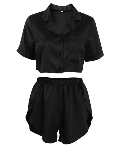 Spring and summer in Europe and the United States new short-sleeved shorts ice silk pajamas female loose open fashion black cross-border home wear sui