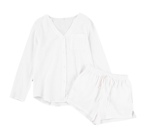 2023 summer pajamas double gauze long-sleeved shorts cotton air-conditioning clothing fashion white women's homewear suit