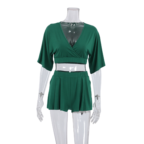 2023 spring and summer new knitted pajamas cotton silk green short-sleeved shorts suit fashion cross-border hotel homewear women