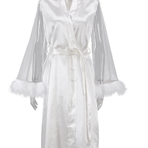 2023 summer new Europe and the United States cross-border pajamas fashion feather splicing mesh purple robe ladies home wear