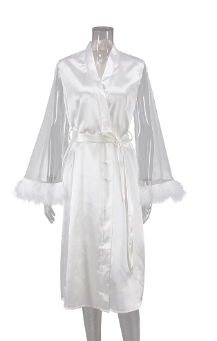 2023 summer new Europe and the United States cross-border pajamas fashion feather splicing mesh purple robe ladies home wear