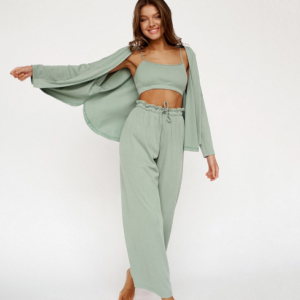 Autumn Europe and the United States new pajamas undershirt three-piece set of ice-silk pit strip outside the pants robe fashion ladies home wear