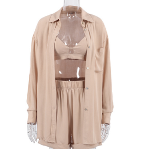 2023 Summer Europe and the United States underwear three-piece sexy hollow cotton silk robe slit comfortable shorts ladies homewear